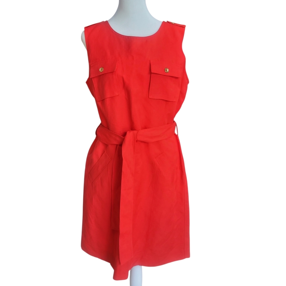 Chic Calvin Klein Red Linen Sleeveless Belted Dress Size 12 W/Pockets Like New - Picture 2 of 13
